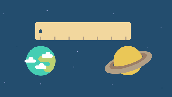 Illustration of Earth and Saturn with a ruler between them, representing measurement or distance in space.