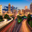 Highway with car lights leading to Atlanta at twilight.