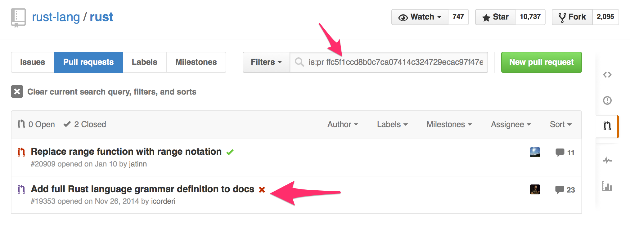 screenshot showing that if you do a pull request search for a git SHA, you'll get the pull request that commit was part of