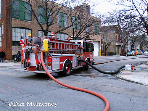 Chicago fire engine pumping at a fire scene