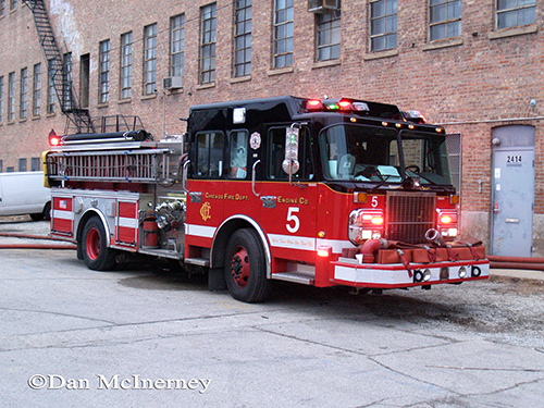 Chicago fire department engine pumping at fire