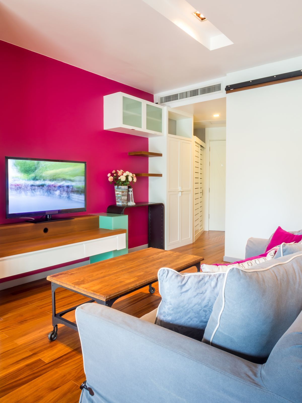 Fuchsia Accent wall in a Living Room