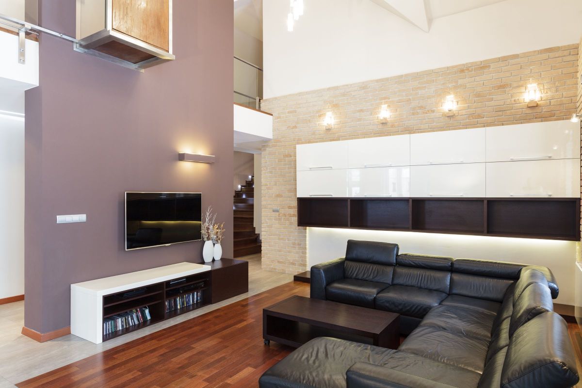 Purple Interior Accent Wall which Brings Focus to the Home Entertainment System