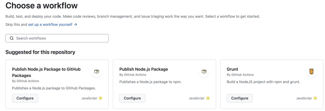 The Choose a workflow page shows suggestions for actions according to the languages used in the repository and allows a user to search for workflows.