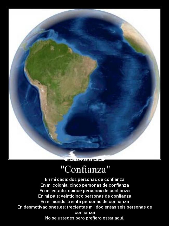 Confianza - En mi casa: dos personas de confianza
En mi colonia: cinco personas de confianza
En mi estado: quince personas de confianza
En mi pais: veinticinco personas de confianza
En el mundo: treinta personas de confianza
En desmotivaciones.es: trecientas mil docientas seis personas de confianza
No se ustedes pero prefiero estar aqui.