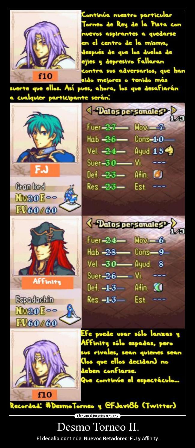 Desmo Torneo II. - El desafío continúa. Nuevos Retadores: F.J y Affinity.