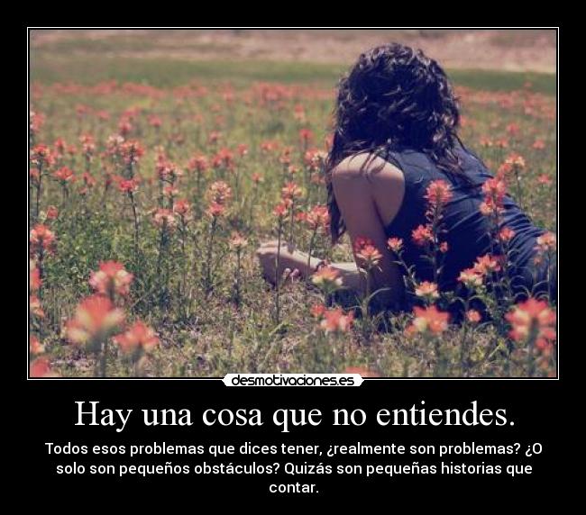 Hay una cosa que no entiendes. - Todos esos problemas que dices tener, ¿realmente son problemas? ¿O
solo son pequeños obstáculos? Quizás son pequeñas historias que
contar.