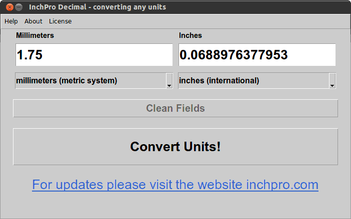 InchPro Decimal calculator convert 1.75 mm to inches