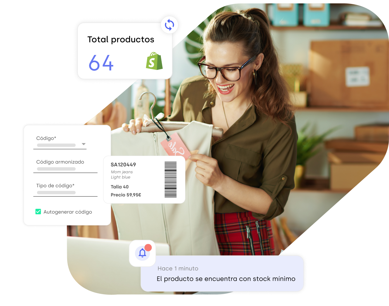 Mujer joven gestionando los productos de su negocio retail con widgets de stockagile de creación de códigos de barras, notificaciones y sincronización de productos con ecommerce.