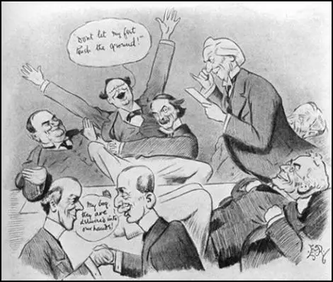 "The Asquith Ministry on the news that the People's Budget being rejected by the House of Lords: from top left, clockwise: Richard Haldane, Winston Churchill, David Lloyd George, H. H. Asquith, John Morley, Augustine Birrell, Robert Crewe-Milnes and Reginald McKenna. (1909)