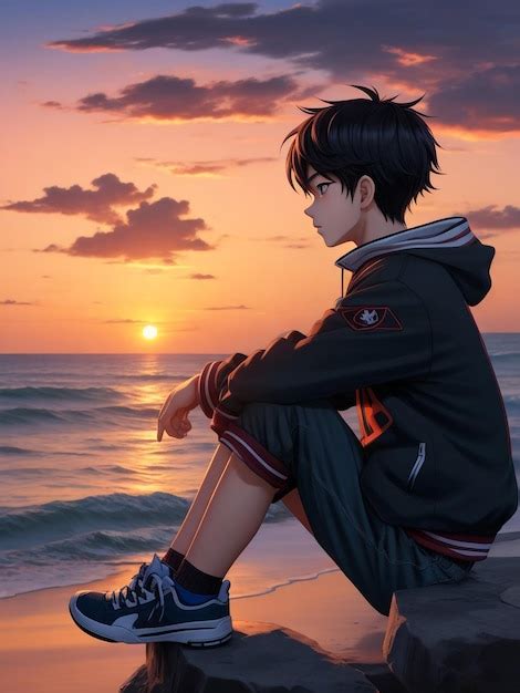 Premium AI Image | Artistic image of Boy anime on the beach watching sunset