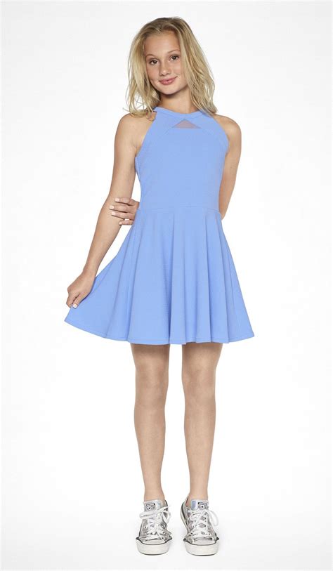 Periwinkle textured knit fit and flare dress with self-colored blocking ...