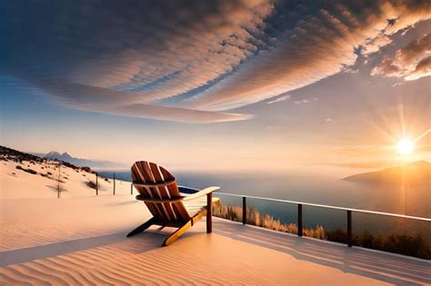 Premium Photo | A chair on a beach with a sunset in the background