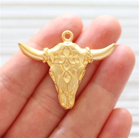 Gold bull pendant, longhorn, ornate bull skull pendant, tribal bull pendant, animal pendant ...