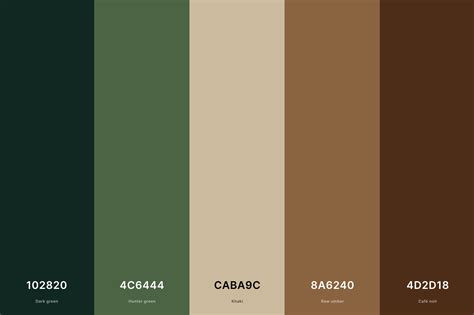 Rustic Brown & Green Color Palette Color Palette with Dark Green (Hex #102820) + Hunter Green (H ...