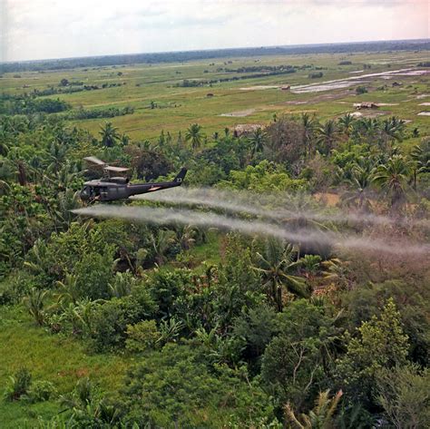 U.S. helicopter spraying chemical defoliants in the Mekong Delta during the Vietnam War image ...