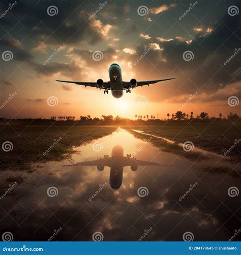 A Plane Flying Toward the Sunset Stock Illustration - Illustration of symbolizing, brighter ...