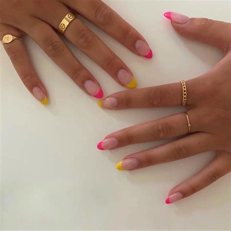 trendy pink and yellow nails #nails #pink #yellow #gelnails #trendy # ...