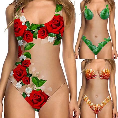 HOT Women One Piece Swimsuit Invisible Color Rose Flower Bikini Bathing ...