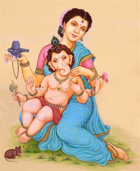 Child Ganesha in the Lap of Mother Parvati | Exotic India Art