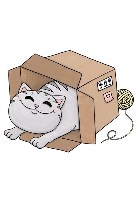 Funny Grey Cat in a Cardboard Box Stock Illustration - Illustration of ...