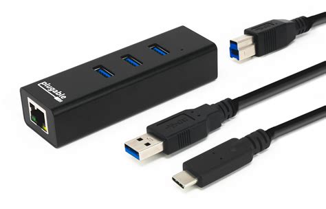 Plugable USB Hub with Ethernet, 3 port USB 3.0 Bus Powered Hub with Gigabit Ethernet Compatible ...