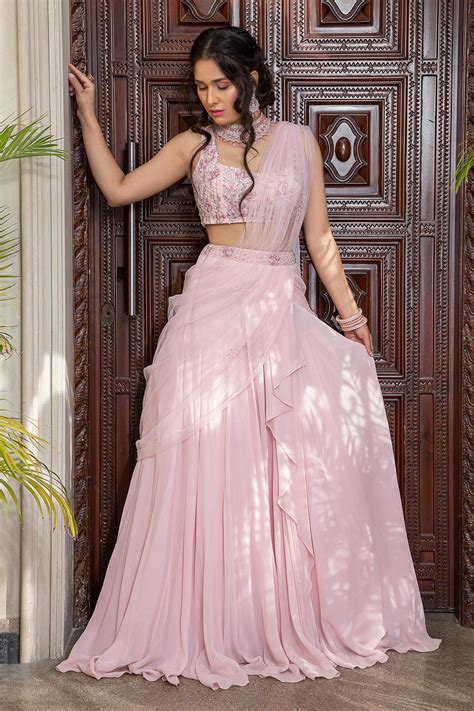 Buy Pink Georgette Sweetheart Neck Embroidered Pre-draped Lehenga Saree For Women by Amit GT ...