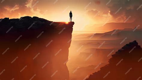 Premium AI Image | A man stands on a cliff at sunset.