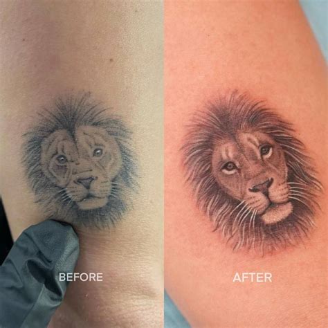 1"x 1" before and after touch up on lion tattoo