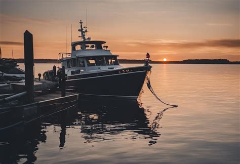 Premium AI Image | Fishing boat in the harbor at sunset