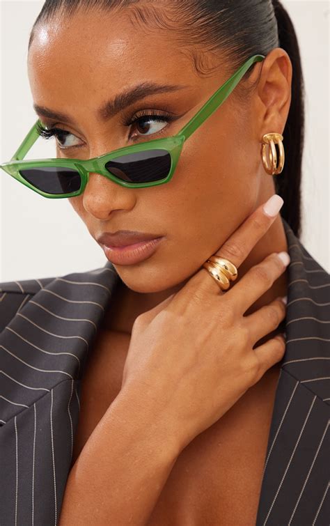 Green Slim Cat Eye Sunglasses | PrettyLittleThing CA