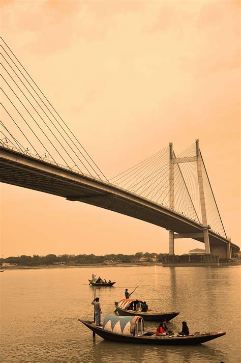 HD wallpaper: kolkata, suspension bridge, fishing boats, india ...