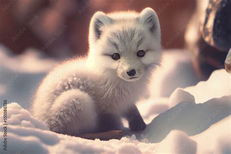 Baby Arctic fox (Vulpes Lagopus) in snow habitat, winter landscape ...