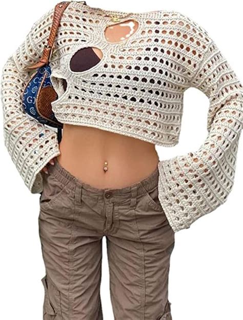 Y2k Tops Fairy Grunge Crochet Tops for Women Y2k Long Sleeve Top Y2k Aesthetic Top Crochet Crop ...