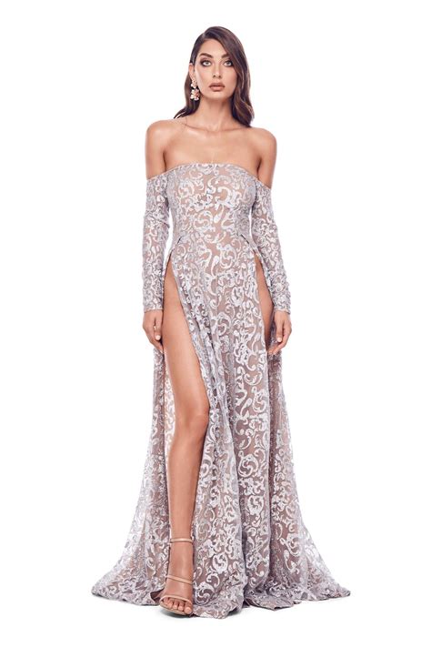 Flame - Silver Glitter Gown | Long Off-Shoulder Sleeves & Side Slits Strapless Dress Formal ...