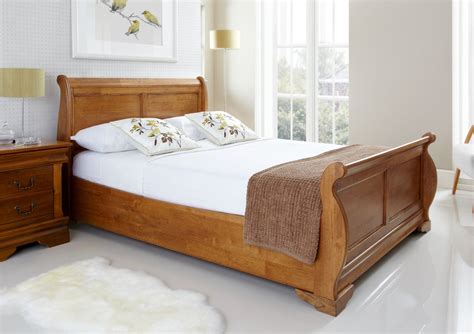 Toulon Wooden Sleigh Bed - Oak Finish - Bed Frame Only | Wooden bed frames, Wooden bed, King ...