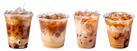 Cold brewed iced latte coffee on plastic cup, side view with transparent background, Technology ...