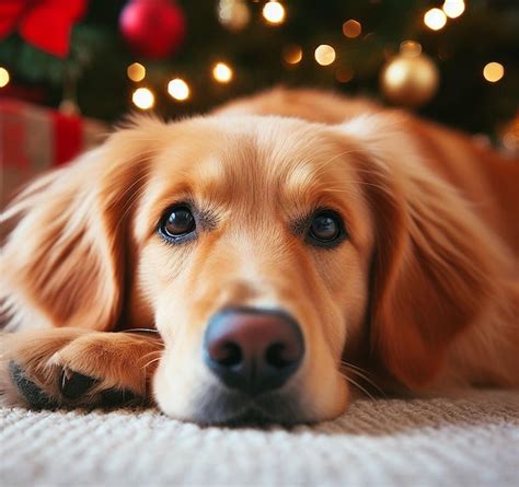 Premium AI Image | modern cozy dog lying under xmas tree gifts ...