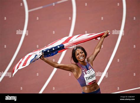 Tokyo, Japan. 3rd Aug, 2021. Gabrielle Thomas of the United States celebrates after the women's ...