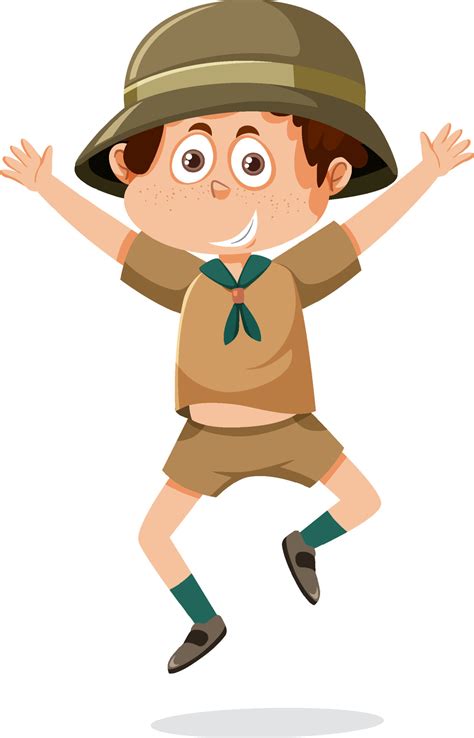 Cute boy scout cartoon character jumping 12911541 Vector Art at Vecteezy