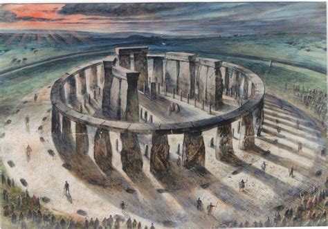 An eastern view of a reconstructed Stonehenge, 1971. Alan Sorrell (c) The Salisbury Museum ...