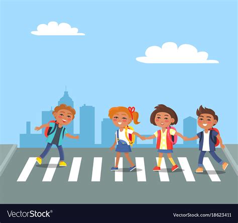 Kids crossing road in city cartoon Royalty Free Vector Image