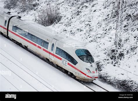 German ICE train in snowy weather, Mülheim an der Ruhr, Germany Stock ...