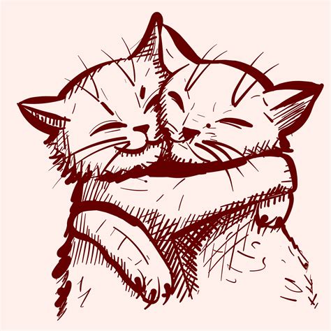 Sketch of two cute cats embracing each other. Vector of two adorable kitties hugging and ...