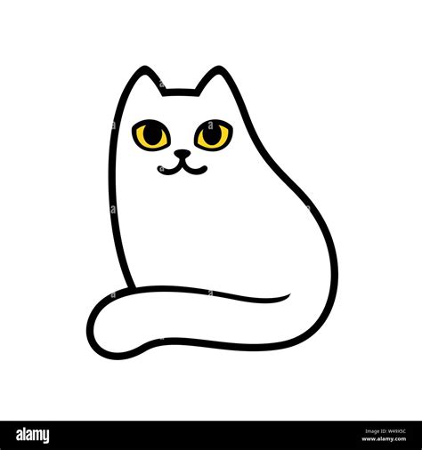 Cartoon white cat drawing with yellow eyes. Simple and minimal sitting cat doodle, cute vector ...