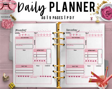 A6 Pink Daily Planner Printable Day Organizer Daily Agenda Exercise Schedule Meal Tracker Floral ...