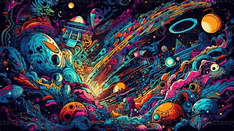 , Psychedelic Space banner template, nostalgic 80s, 90s background. Horizontal illustration of ...