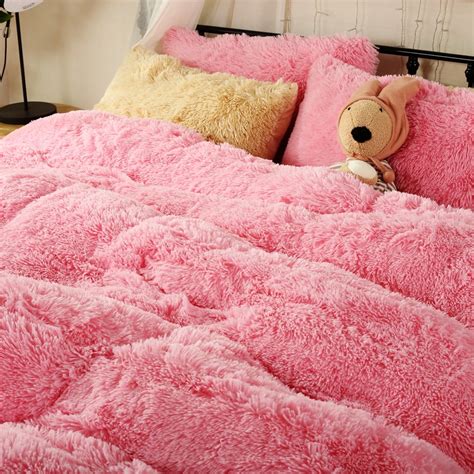 Warm Pink Fleece Girls Duvet Cover Set Queen King Size Flannel Winter ...