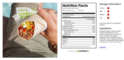 Nutrition Information For Taco Bell Bean Burrito - Burrito Walls