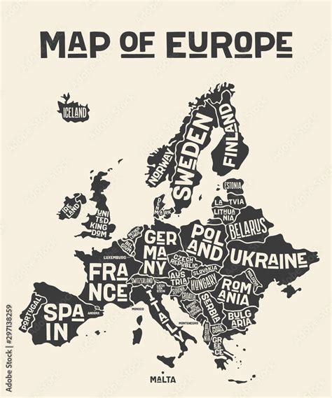 Europe, map. Poster map of the Europe with country names Stock Vector | Adobe Stock